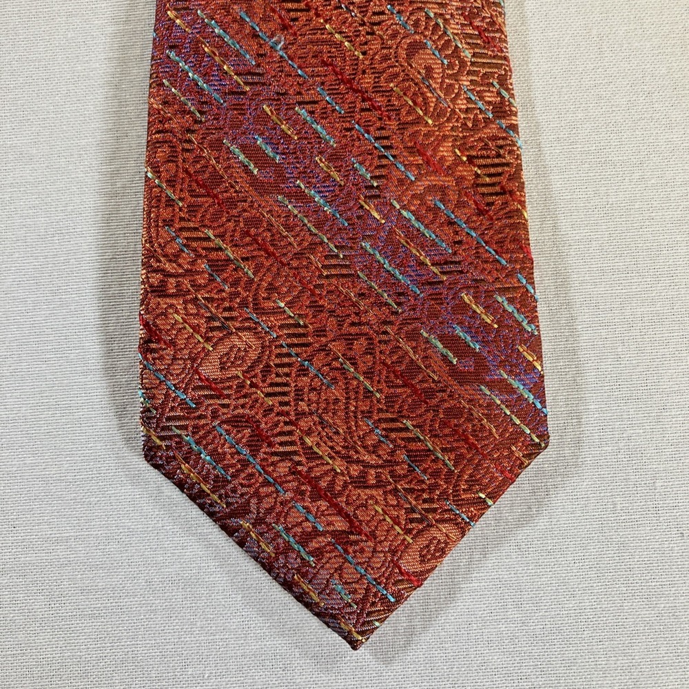 TALLIA‎ Mens 100% Silk Neck Tie Orange Paisley Opalescent Stripes 57.25" x 3"